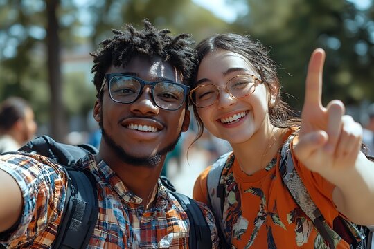 Young diverse couple taking selfie outdoors, showing peace sign and genuine smiles. African American man and Asian woman wearing glasses express joy and friendship.