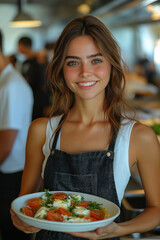 Smiling portrait of a chef holding fresh salad in a restaurant kitchen with woman in apron cooking