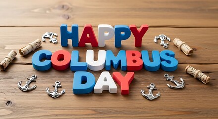 Colorful Happy Columbus Day Message with Wooden Surface and Nautical Decorations