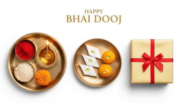 Bhai Dooj Puja Thali Flatlay. White E-commerce Banner. Product Mockup.