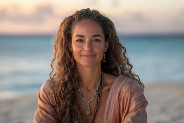 Young Caucasian woman with curly brown hair smiling at sunset on beach, wearing boho style necklace and pink sweater against blurred ocean background.