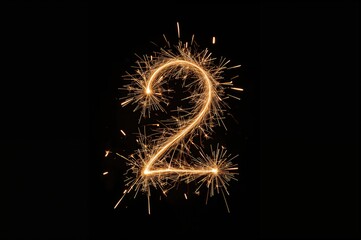 Ignited sparkler forming the numeral two against a dark backdrop