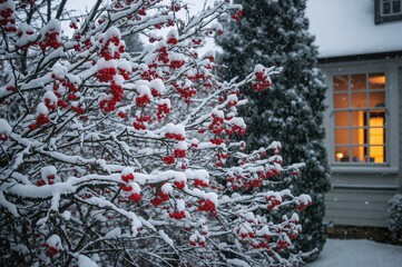 Obraz premium Snow-covered tree branches adorned with red berries and festive decorations