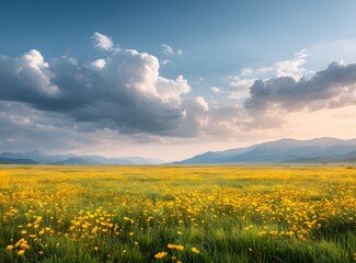 beautiful sky over a spring meadow with yellow flowers, blue and orange clouds.