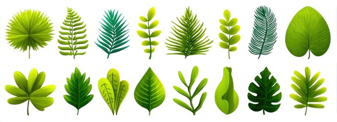 Array of varied stylized green leaf illustrations, detailed and brightly colored, isolated against a white background