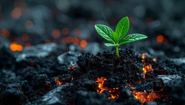 Wildfire aftermath in abandoned town hope emerges as green plant grows from blackened soil glowing with resilience and renewal