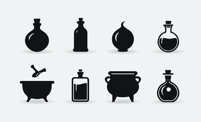 Black and White Witchcraft Icons Set Featuring Cauldron Mortar and Pestle Potion Bottles and Onion