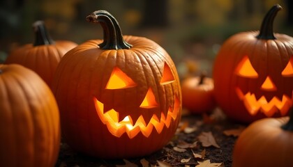 Fototapeta premium 4K picture with carved angry pumpkins on ground surface with autumn leaves for Halloween celebration. 