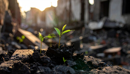 New life green plant sprout growing from soil in abandoned town after wildfire, hope and resilience in destruction