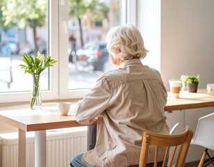 Senior woman enjoying a quiet moment at a cafe