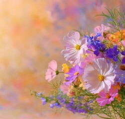 Soft, pastel-colored flowers in a bouquet against a dreamy, blurred background. Warm, ethereal, and gentle floral art