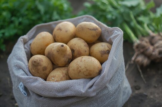 Fresh Cambray potatoes displayed on a sack with themes of food, nature, and health