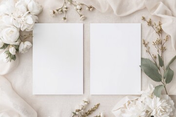 Blank wedding invitation set featuring two white cards with space for front and back design display
