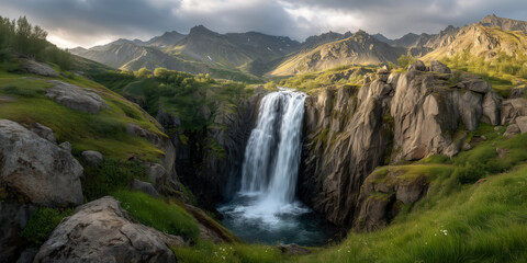 Fototapeta premium Fake panorama 360 HDR majestic waterfall cascading down mountains natural landscape serene environment