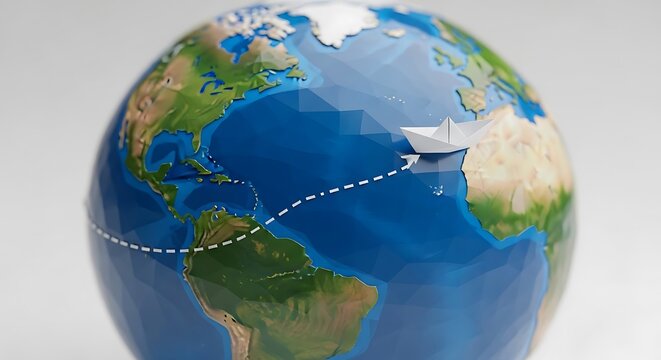 Global Earth Globe with Paper Airplane and Flight Path in Modern Low Poly Style - Powered by Adobe