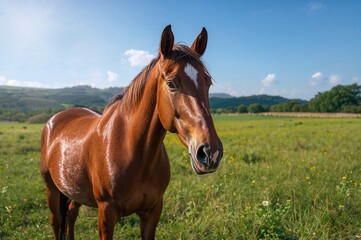 Chestnut-colored horse standing in a rural pasture