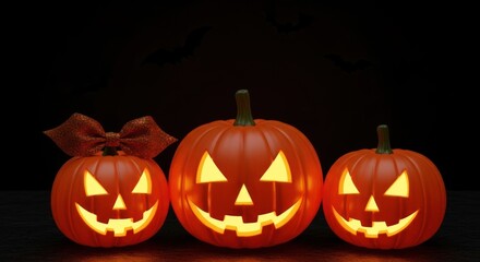 Three glowing jack o lanterns with bats for halloween night decoration
