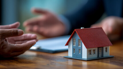 A model house with a red roof on a table, a real estate agent and a client discussing the angle of the home for a residential concept of property selling