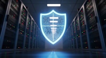 A digital shield glows in a server room, representing cybersecurity and data protection in a modern environment