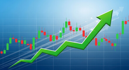 Obraz premium Stock Market Growth Analysis with Upward Trend Arrow and Candlestick Chart