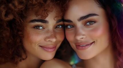 Close up portrait of two young diverse women with natural makeup and glowing skin smiling at camera against blurred colorful background.