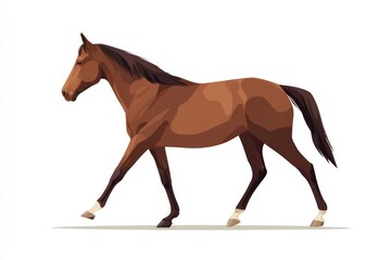 Obraz premium Flat Vector Illustration of Brown Horse Trotting in Profile on White Background