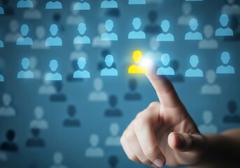 Hand selecting unique person from crowd, highlighting talent acquisition and recruitment success for modern teams.