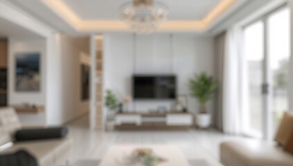 Blurred interior backdrop design, contemporary lounge setup urban flat photography spacious bright minimalist style