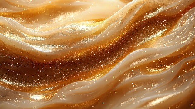 Luxurious golden waves with glitter particles creating smooth flowing curves and dynamic movement on brown background. Abstract art composition with light effects.
