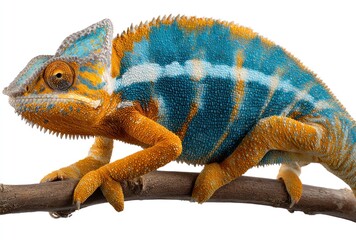 Obraz premium A chameleon rests on a branch, displaying a vibrant mix of blue, orange, and white against a stark white background
