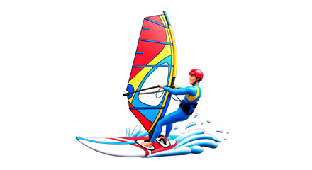 3d cartoon windsurfer dynamic ocean ride, summer fun, extreme water sports, isolated on transparent background