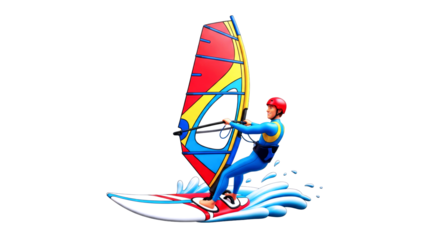 3d cartoon windsurfer dynamic ocean ride, summer fun, extreme water sports, isolated on transparent background