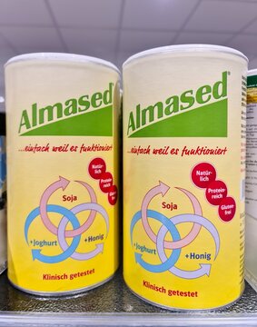 Kiel, Germany - 08. September 2025: Almased cans showing ingredients and clinically tested claim