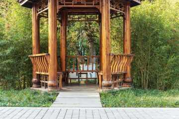A wooden ancient-style pavilion building