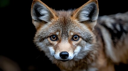 Obraz premium Close up portrait of red fox with piercing blue eyes against dark background, showing detailed facial features and fur texture in dramatic lighting.
