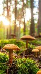 Close-up of a cluster of mushrooms in a sunlit forest floor, showcasing the intricate details of their caps and stems against a backdrop of out-of-focus trees and vibrant green moss.