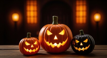 Three glowing jack o lanterns on a wooden table for halloween night