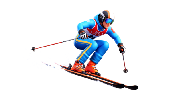 3d cartoon skier olympic downhill, speed, thrilling descent, winter sports asset, isolated on transparent background