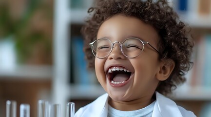 Young mixed race child with curly hair wearing glasses and white coat laughs joyfully in educational setting, expressing genuine happiness and positive emotions.
