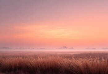 beautiful meadow with tall grass in the foreground, foggy sunrise in the background