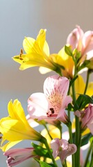 Naklejka premium A close-up view of a vibrant bouquet of alstroemeria flowers, showcasing a mix of radiant yellow and delicate pink blooms.