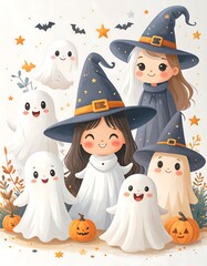 Cute witch and ghost characters in an adorable halloween scene, showcasing whimsical design and pastel colors.