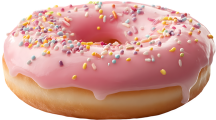 Pink frosted donut with sprinkles, isolated on transparent background
