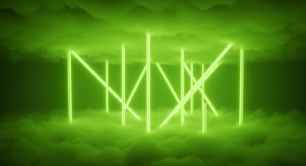 Futuristic Green Geometric Structure - Glowing Neon Cube in Ethereal Mist AI-Generated for Tech Branding, Sci-Fi Scenes