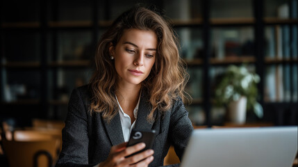 Fototapeta premium Young professional woman in blazer using smartphone while sitting at desk with laptop
