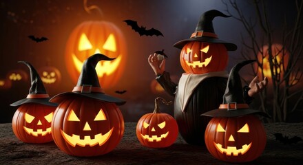 Fototapeta premium Spooky halloween pumpkins glowing in the dark with bats and witch hats