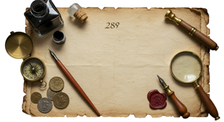 Vintage Writing and Exploration Tools on Aged Parchment