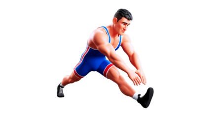 powerful cartoon wrestler prematch stretching, focused athlete, intense determination, isolated on transparent background