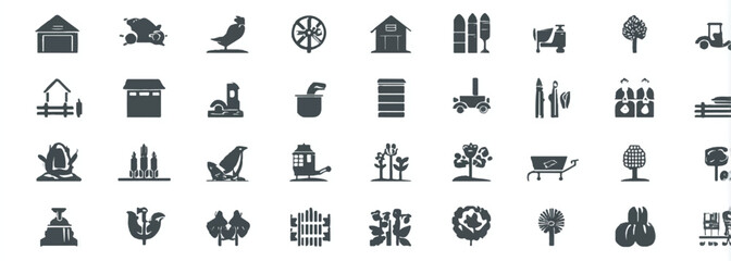 Collection of Farming Elements Icons on White Background Representing Agriculture and Rural Life