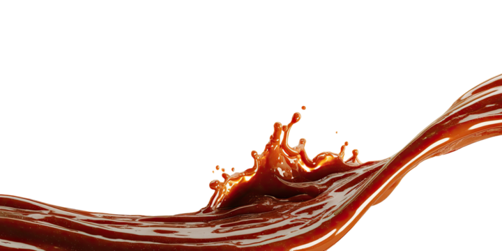 A dynamic splash of rich brown liquid, flowing in a smooth, curved path against a black background